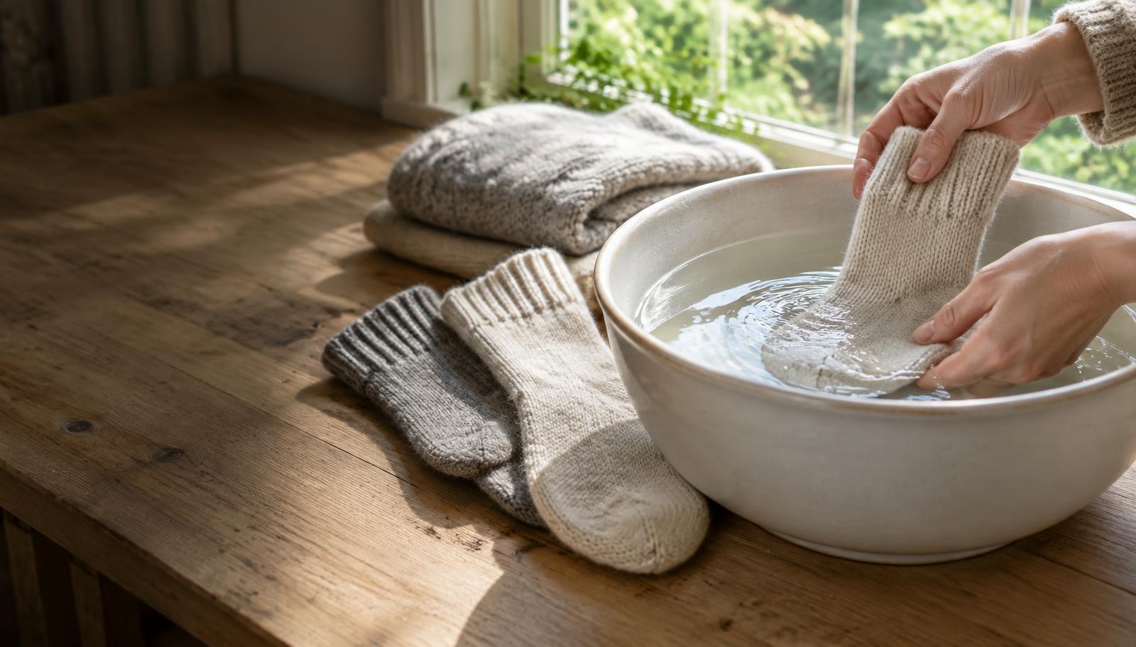 Wool socks being gently hand washed in a basin beside a sunny window